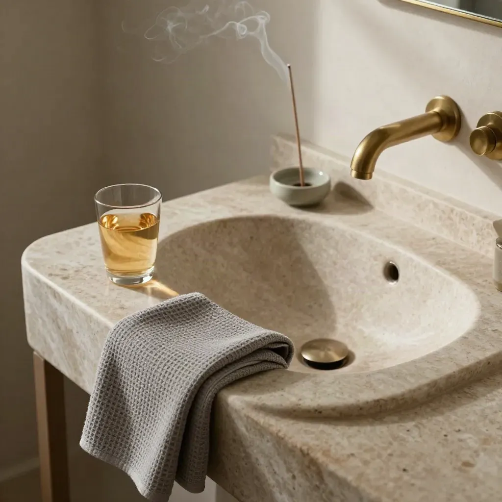 Lavabo in pietra con asciugamano waffle, bicchiere d’acqua ambrata e incenso acceso