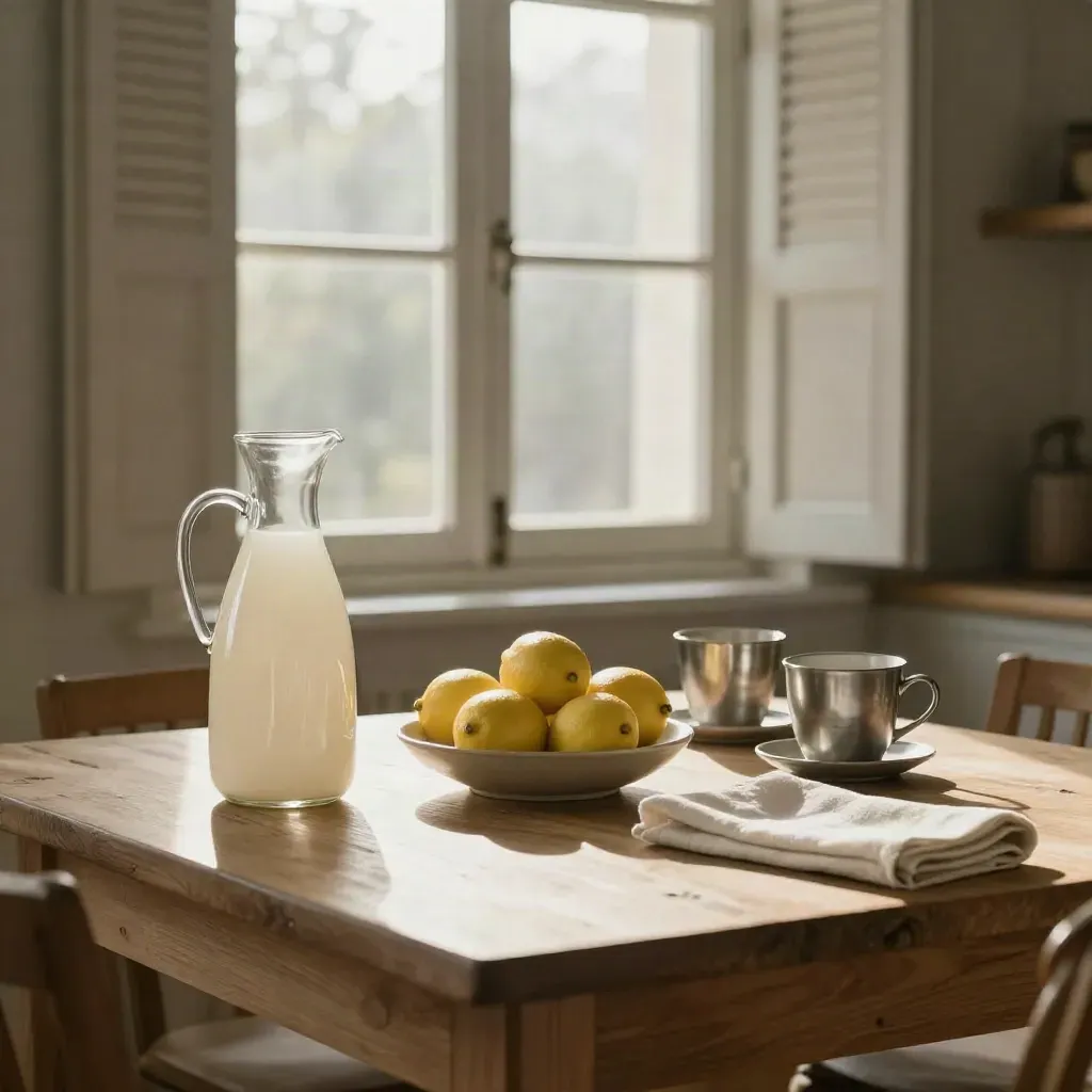 Caraffa in ceramica, limoni e tazze su tavolo di cucina illuminato dal sole del mattino