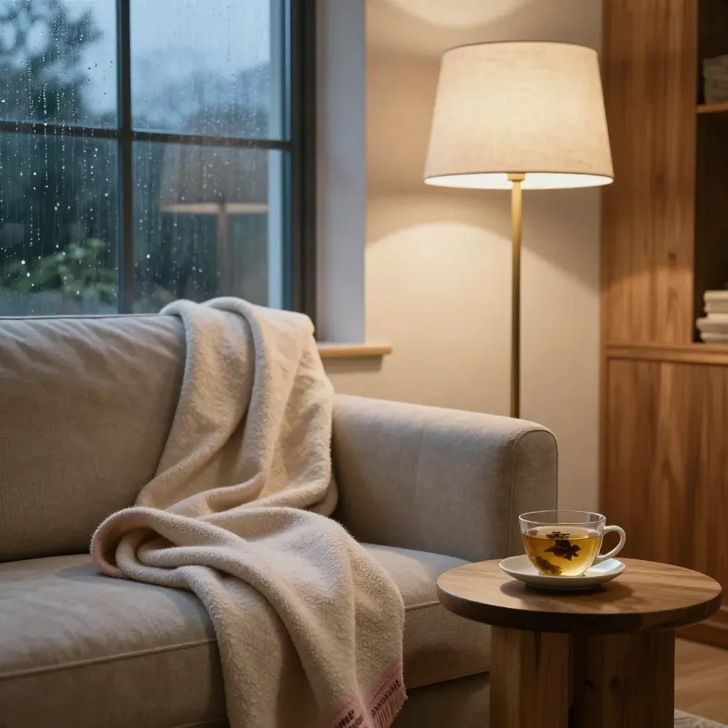 Angolo del soggiorno con coperta piegata, tisana e finestra bagnata dalla pioggia, in luce blu serale.
