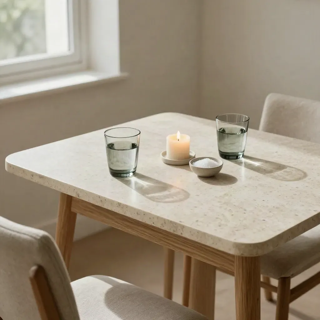 Tavola per due in travertino con bicchieri d’acqua, candela spenta e sale, sedie accostate.