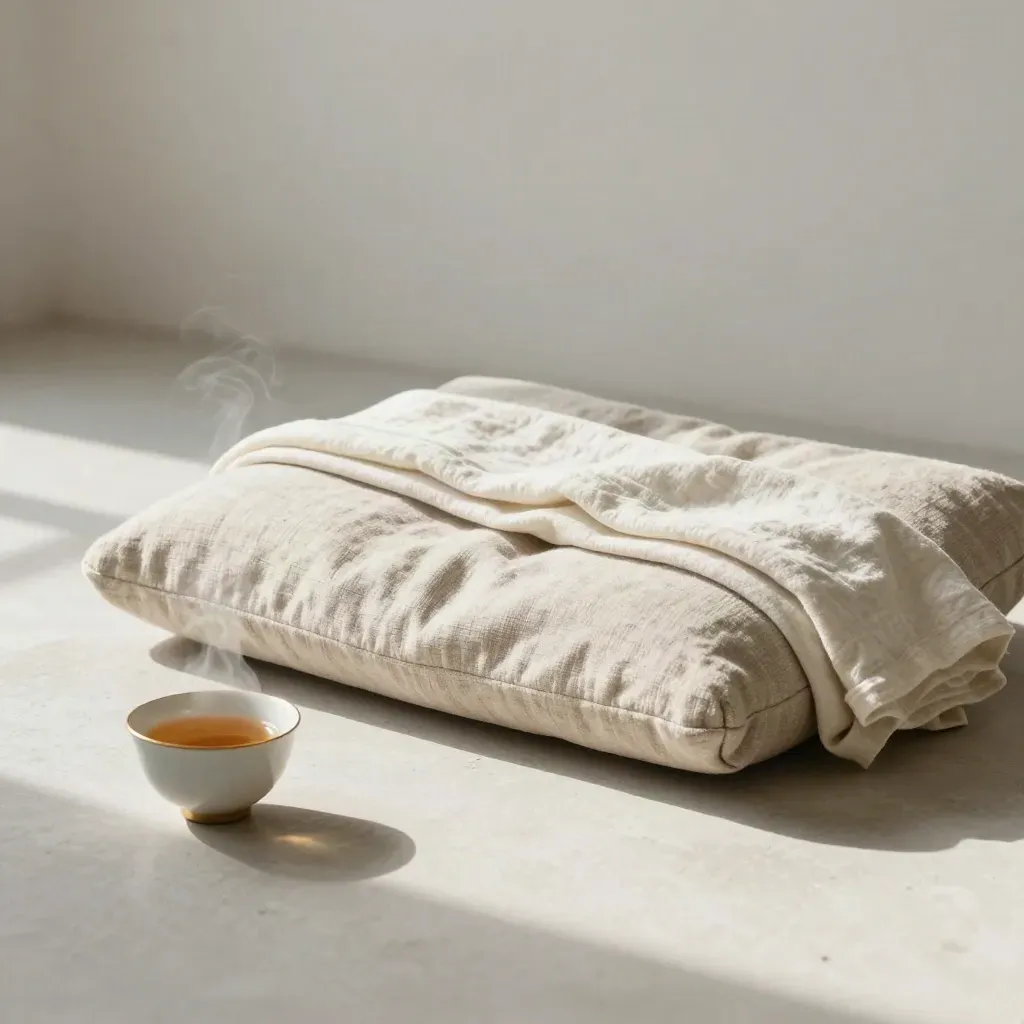 Cuscino da meditazione, tazza di tisana e lino piegato in una stanza luminosa.