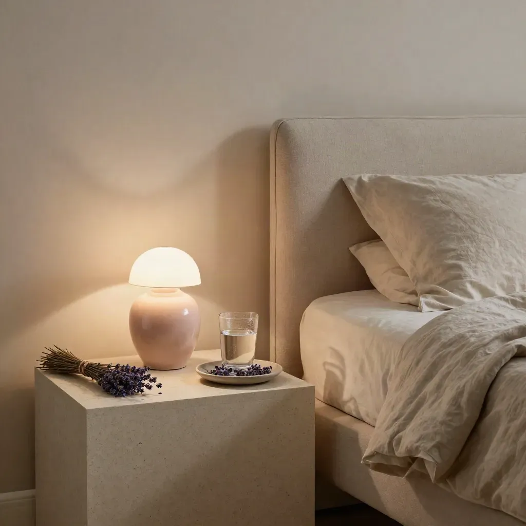 Comodino con lampada in ceramica, acqua, lavanda e coperta risvoltata in luce serale.