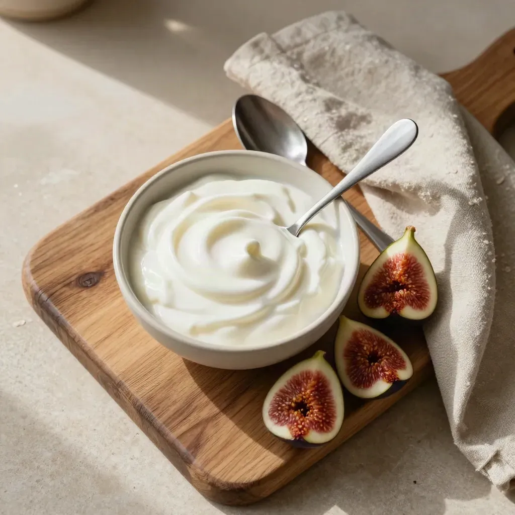 Tavola dall'alto con yogurt, fichi aperti, cucchiaio e tovagliolo di lino su legno caldo