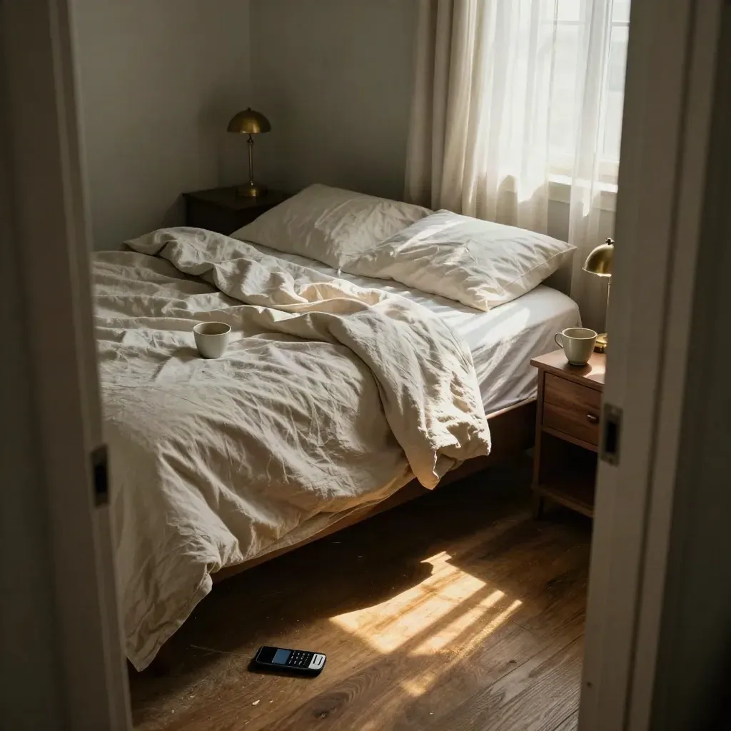 Letto sfatto, tazza quasi vuota e telefono capovolto in un angolo caldo del pomeriggio.