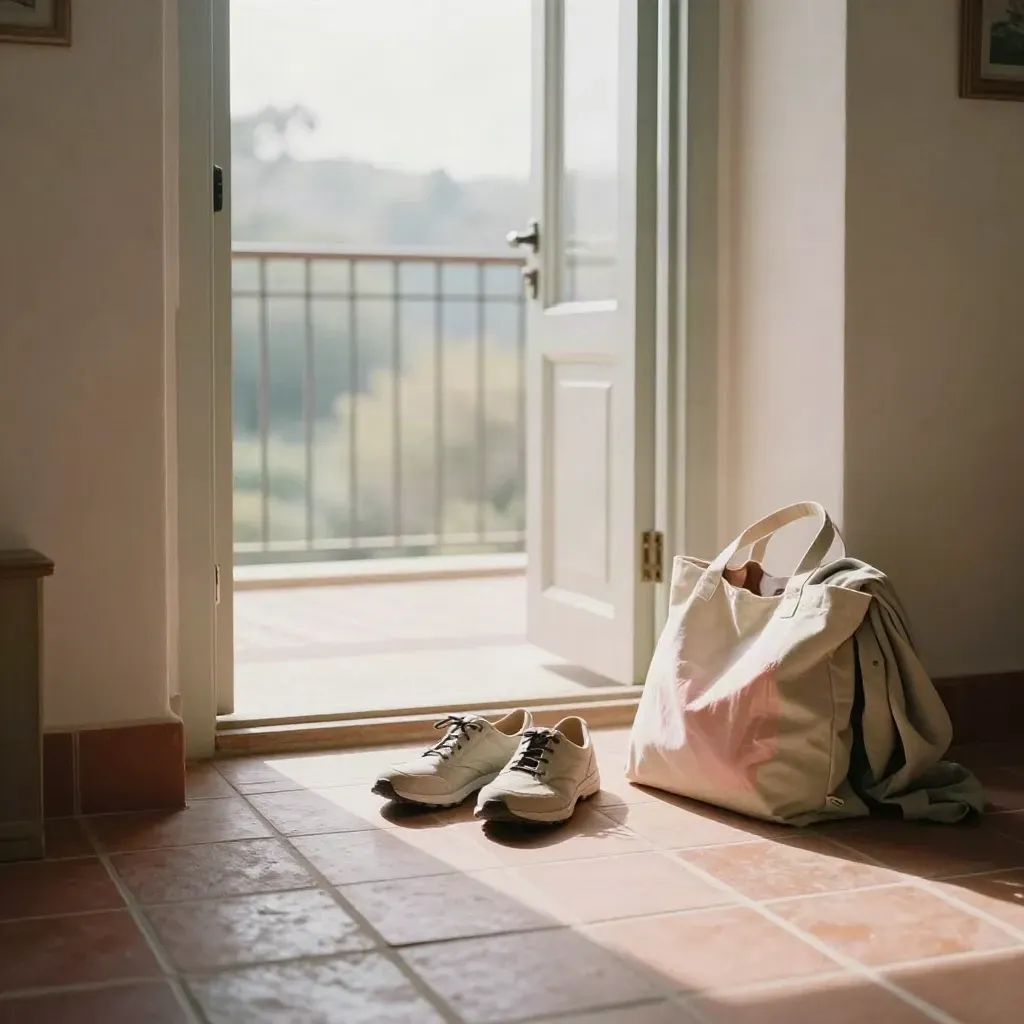 Scarpe chiare, giacca piegata e borsa di tela vicino a una porta aperta sul balcone.