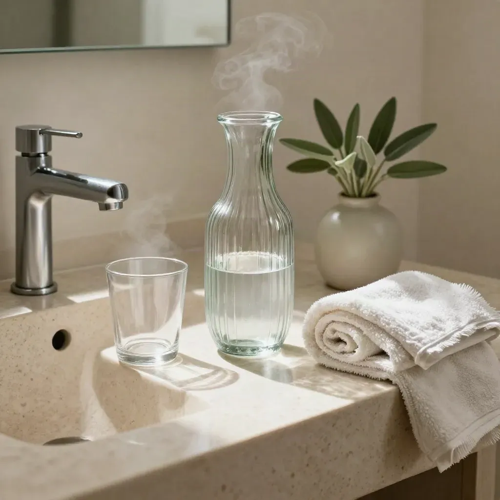 Lavabo del bagno con caraffa d’acqua, bicchiere, asciugamano arrotolato e vaso di erbe, luce del mattino.