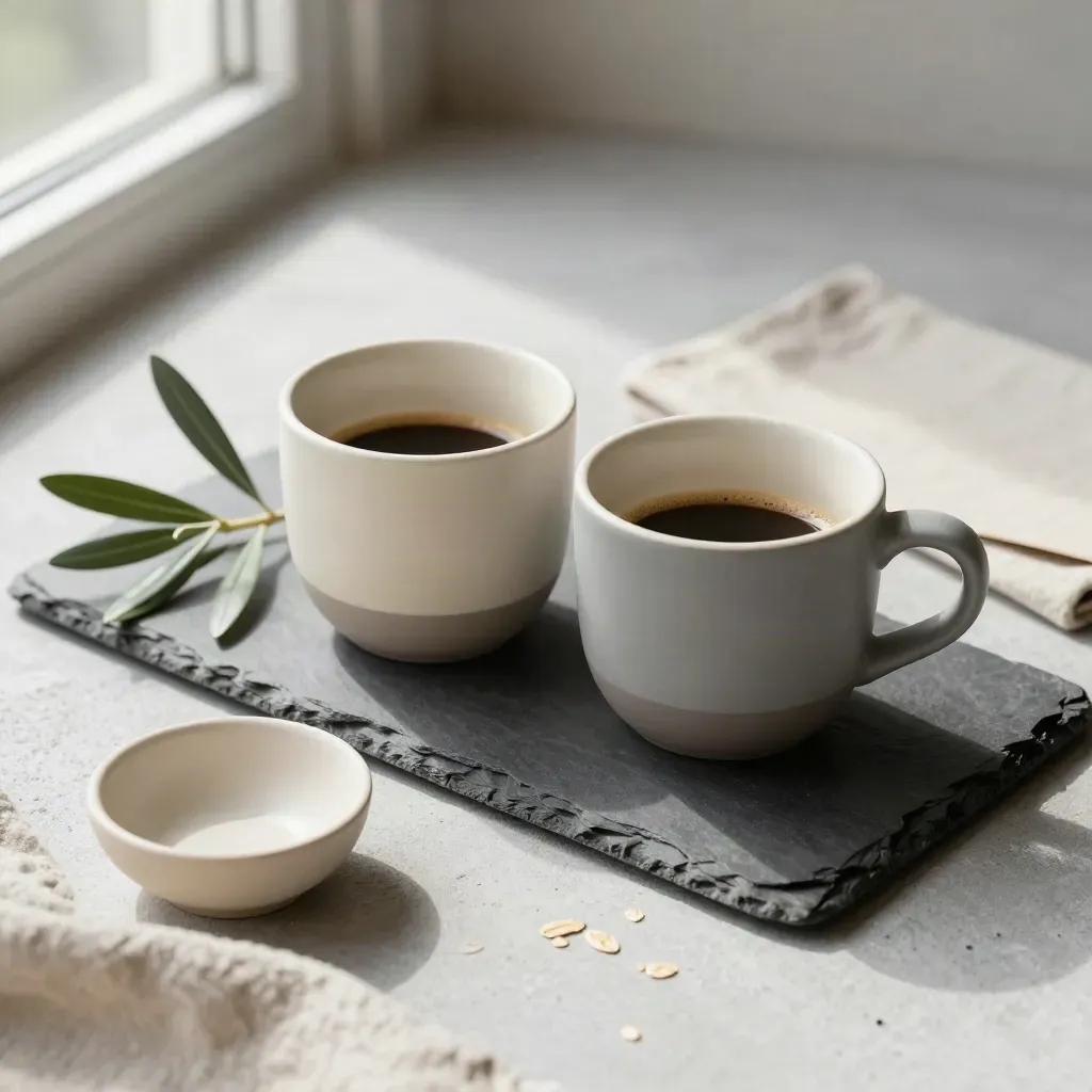 Due tazzine di ceramica, ulivo, telo piegato e ciotolina su vassoio di pietra.