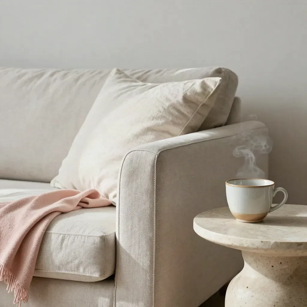 Divano in lino con coperta piegata e tazza sul tavolino, in luce morbida e atmosfera quieta.