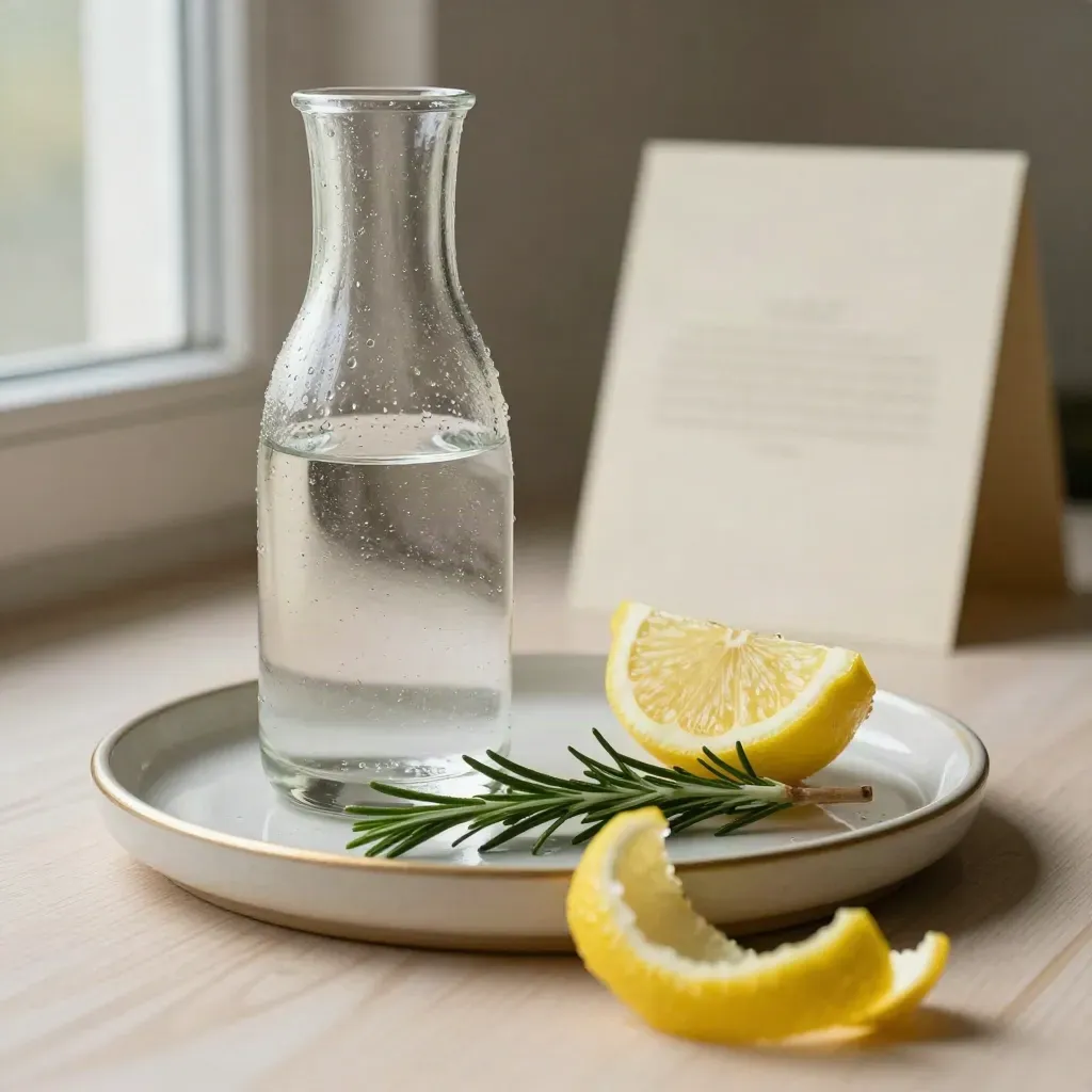 Caraffa d’acqua con bicchiere, limone e rosmarino su vassoio chiaro, luce mattutina.