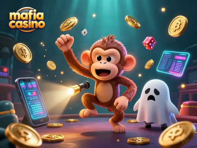 Engage with mafia casino as a poltergeist monkey juggles golden chips amidst haunted thrills.