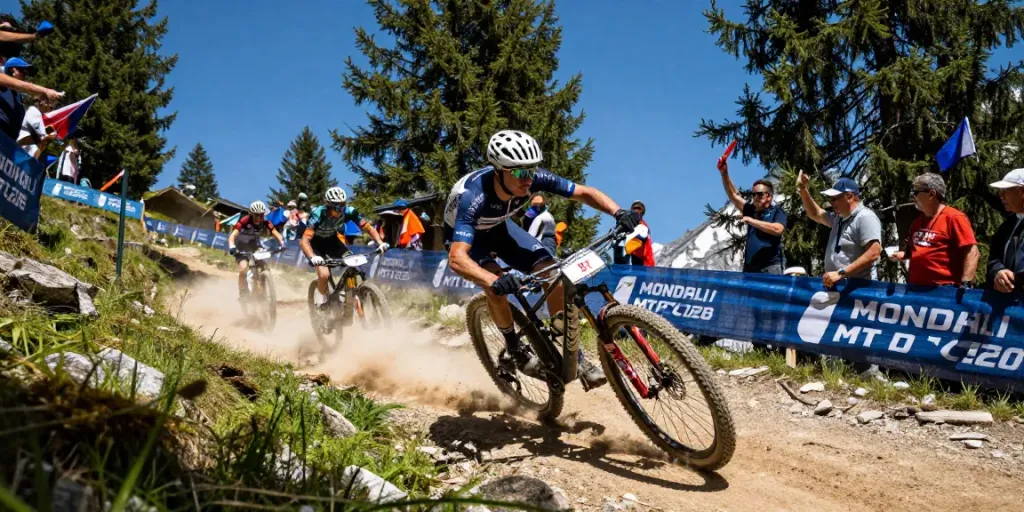 Exciting mountain biking competition at the Mondiali MTB 2026, showcasing results ciclismo in action with athletes racing through stunning landscapes.