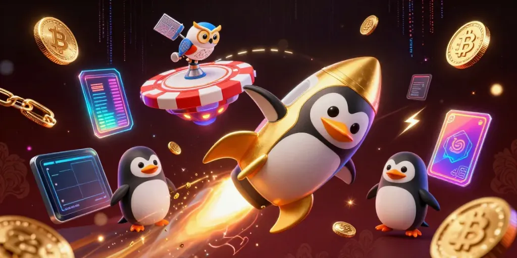 Experience the thrilling casino atmosphere with a dynamic 3D penguin blasting through space, initiating a gambling adventure.