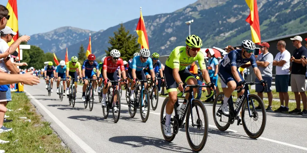 Risultati ciclismo: ciclisti in gara sotto un cielo blu, pubblico entusiasta e paesaggio montano sullo sfondo.